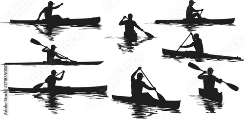 Silhouettes of paddlers, in canoes and kayaks, rowing in various positions, with water reflections, for boating, water sport, and adventure concepts
