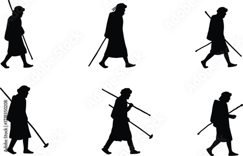 Silhouettes of people, walking with staffs, in various poses, wearing robes, for journey, travel, adventure, pilgrimage, and traditional lifestyle concepts