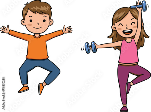 Cartoon kids exercising, jumping, lifting dumbbells, active lifestyle, fitness for children, healthy habits, fun workout, energetic movement, family wellness, animation