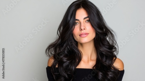 Beautiful young woman with long dark wavy hair wearing black top posing indoors.