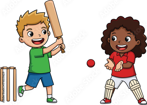 Cartoon kids playing cricket, outdoor sport, teamwork, physical activity, healthy lifestyle, batting, catching, fun game, animated scene, child fitness
