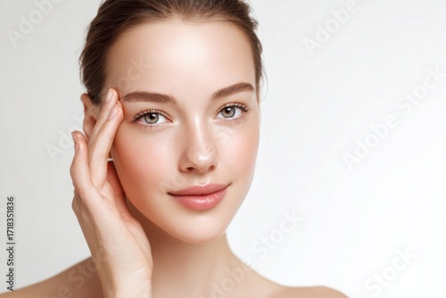 Beautiful young woman with clear skin natural makeup and gentle smile posing against plain background.