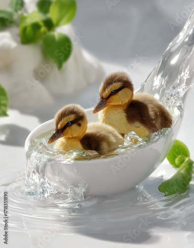 Two adorable ducklings frolic in a shallow dish of water, a gentle cascade flowing around them.