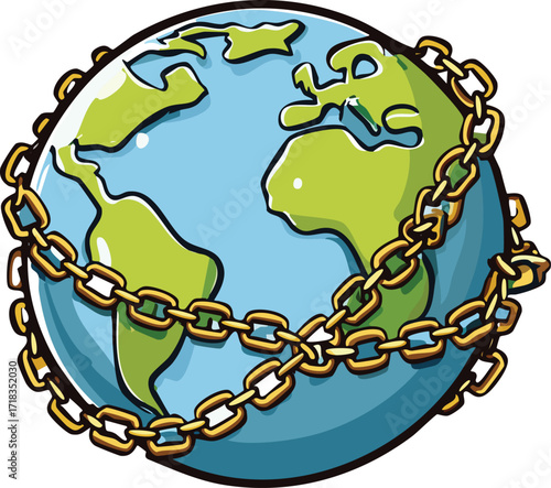 Cartoon Globe with Breaking Chains Symbolizing Freedom and Justice