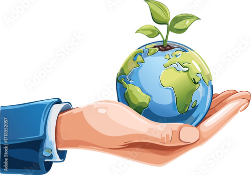 Cartoon Hand Holding Small Globe with Growing Green Sprouts