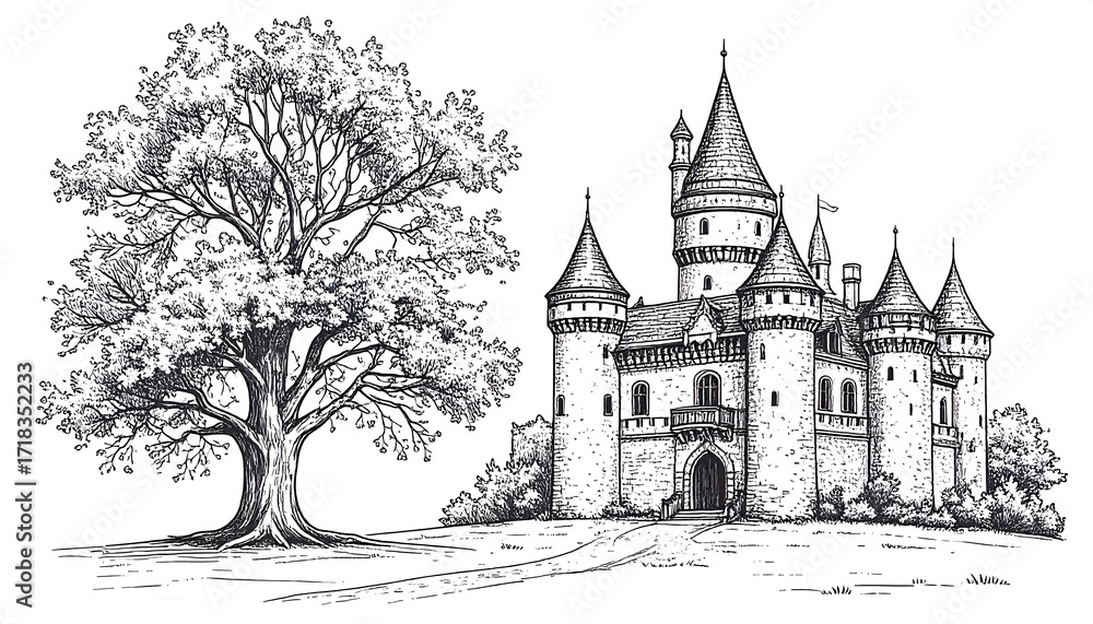 Obraz premium Detailed sketch of a castle and tree
