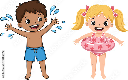 Cartoon kids swimming, summer fun, pool activity, water play, beach vacation, healthy lifestyle, children splashing, inflatable ring, joyful moment, animation