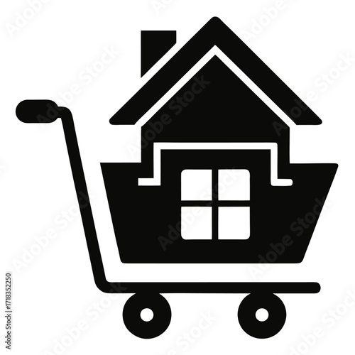 Buy a House Icon – Minimal Silhouette of Shopping Cart with Home