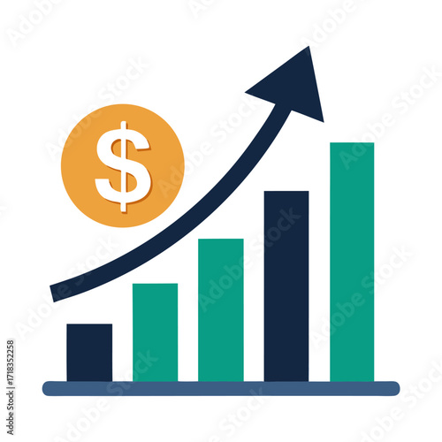 Financial Growth Icon – Upward Arrow and Dollar Sign with Bar Chart