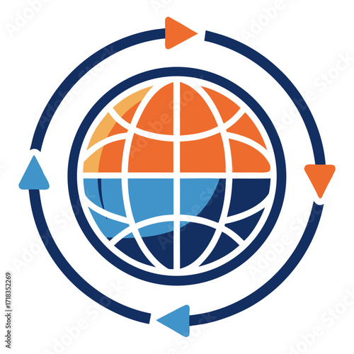 Global Sync Icon – Minimal Line Art of Globe with Circular Arrows