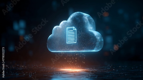 Holographic cloud storage icon floating above a dark surface.