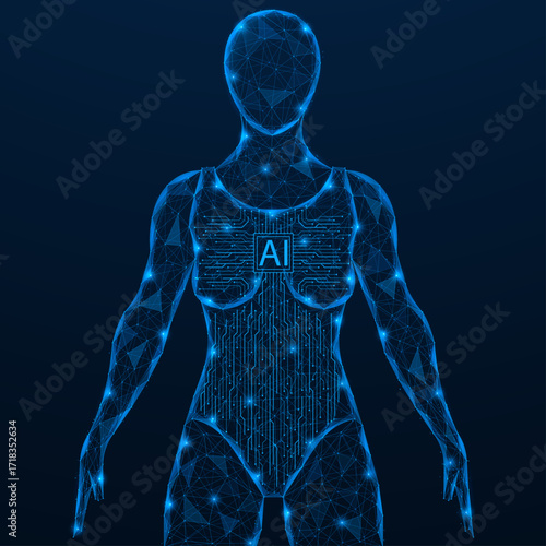 Cybernetic Intelligence. A female figure in whose chest there is an AI symbol from which the lines of the printed circuit board radiate. The fusion of the human body and artificial intelligence.