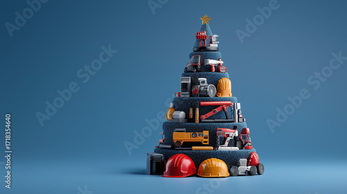 An industrial style Christmas tree made from various tools , equipment  and machinery , on blue  background