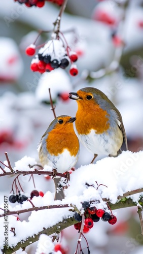 Two robins feeding on berries in snowy winter