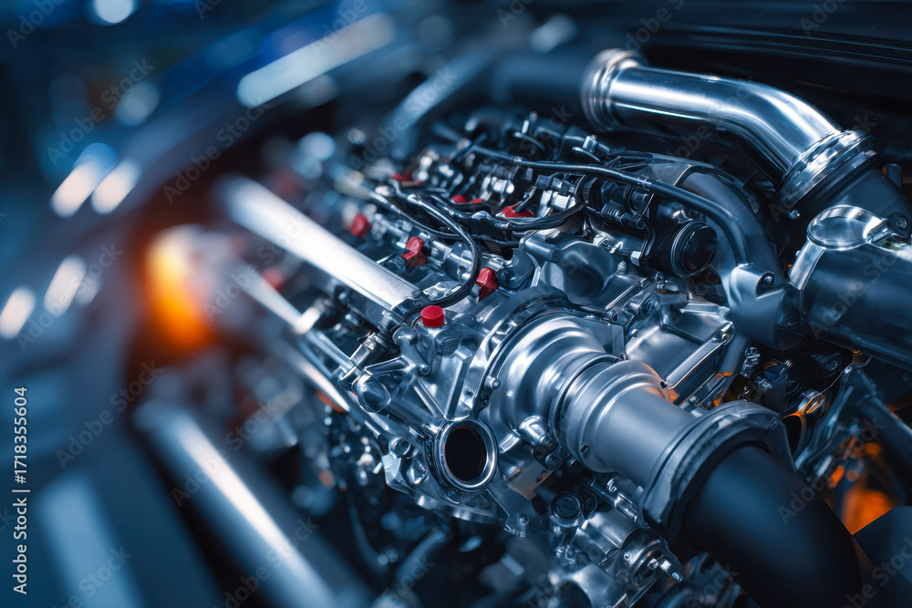 Fototapeta premium Close-up of a high-performance car engine showcasing intricate mechanical details and metallic components