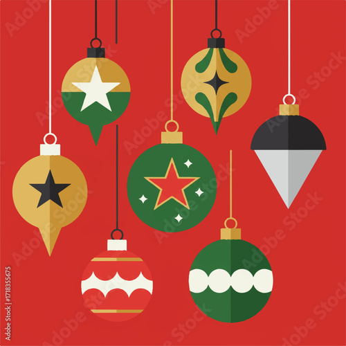 Flat design Christmas ornaments hanging on a red background