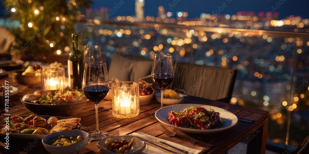 Fototapeta premium Romantic Rooftop Dinner with City Lights