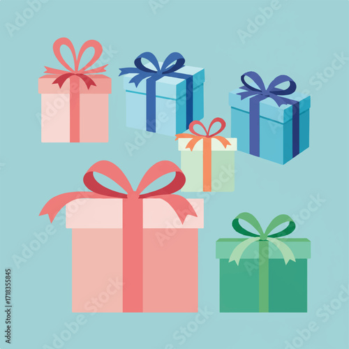 Flat design illustration of six colorful gift boxes with ribbons on a blue background