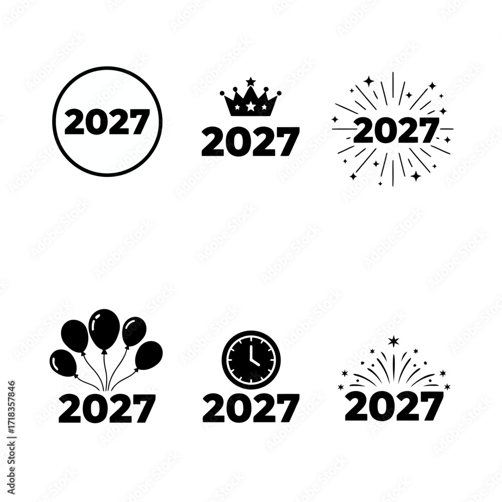 Fototapeta premium Vector art of set of black 2027 new year icons for creating designs to celebrate the upcoming year with balloons and clocks