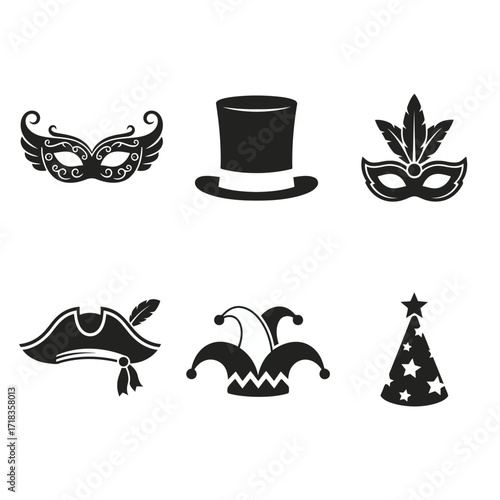 Vector art of collection of carnival masks and party hats for festive celebrations and costume parties, vector illustration