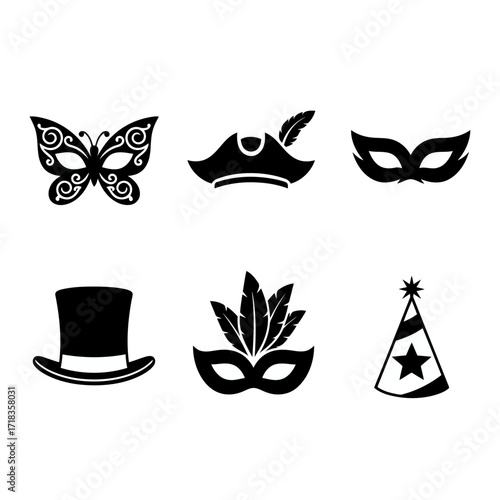 Vector art of set of party masks and hats, perfect for costume parties, festive events, and graphic design projects with a fun theme