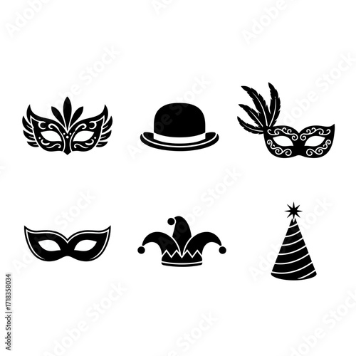 Vector art of collection of various party masks and hats for festive events, ideal for costume parties, celebrations, and graphic design projects