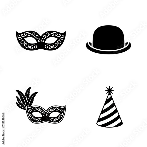 Vector art of carnival celebration elements featuring masks, bowler hat, and party hat for festive occasions and events