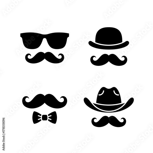 Vector art of set of four mustache and hat combinations, including sunglasses, bowler, bow tie, and cowboy hat silhouettes