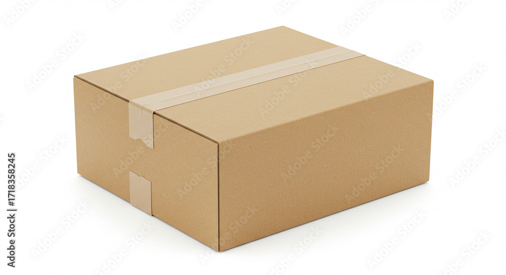 Fototapeta premium High-Resolution 3D Render of a Closed Cardboard Box with Tape, Ideal for Packaging, Shipping, Delivery, and E-commerce Mockups. This clean and simple image showcases a realistic brown cardboard bo...