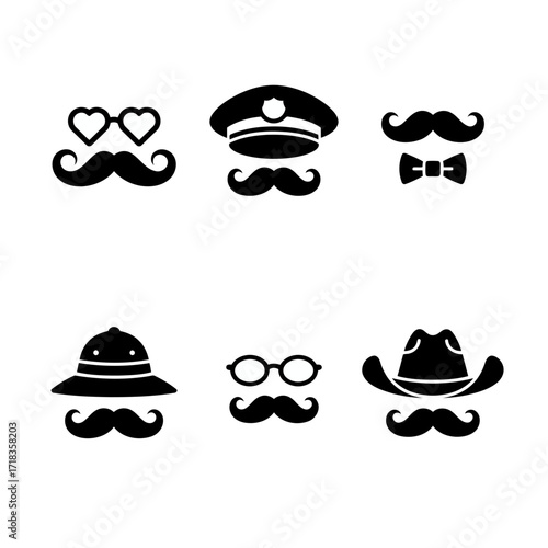 Vector art of collection of mustache and hat icons set of different mustaches and hats for party, carnival, masquerade, or photo booth