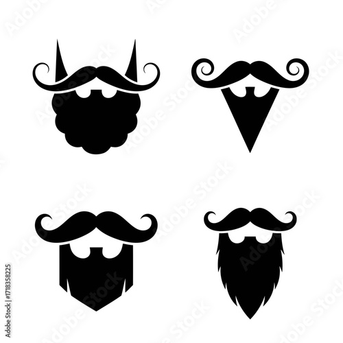 Vector art of diverse set of mustache and beard designs, showcasing various styles for facial hair fashion and grooming trends