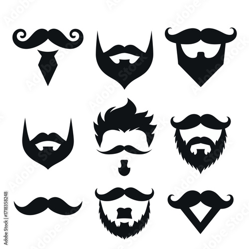 Vector art of collection of nine different beard and mustache styles set of hipster beard shapes for barbershop logo or avatar