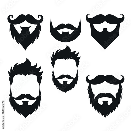 Vector art of collection of six different beard and mustache styles set of hipster beard shapes for barbershop logo or avatar