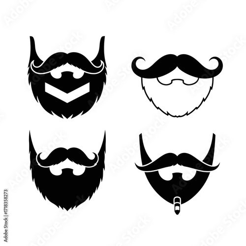 Vector art of collection of four different beard and mustache styles, perfect for barbershop logos or hipster designs