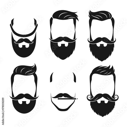Vector art of collection of six different beard and mustache styles, perfect for barbershop logos or hipster designs