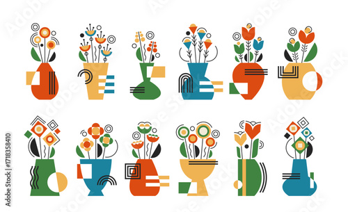 Colorful Bauhaus flower blooms bouquet in vase graphic floral geometric elements isolated set