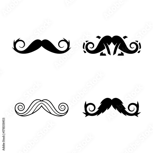 Vector art of collection of four different mustache designs, perfect for barbershop logos, hipster fashion, or vintagethemed designs