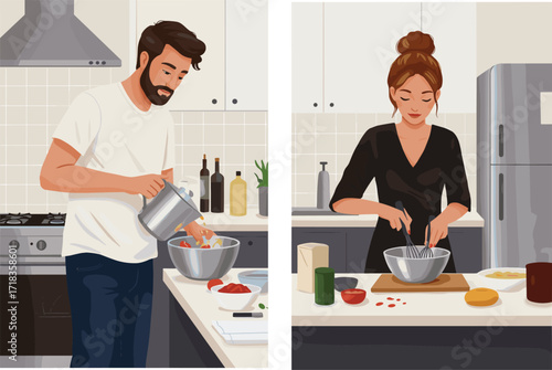 Modern kitchen cooking, diverse couple preparing food, home chef lifestyle, healthy ingredients, culinary teamwork, domestic life, meal prep, family bonding