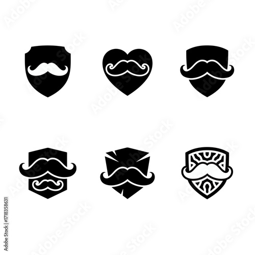 Vector art of diverse mustache shield icon set, offering unique and stylish designs for barbershop and security themes