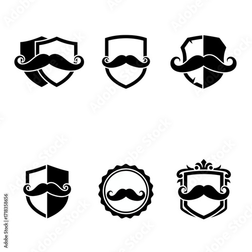Vector art of set of mustache shield logos, perfect for barbershops, clubs, and branding, offering a vintage and stylish look