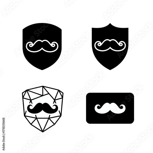 Vector art of collection of mustache logos on shields, showcasing various styles for barbershops, clubs, and branding needs