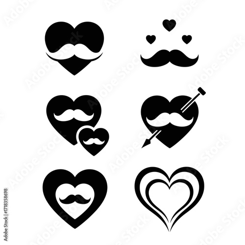 Vector art of collection of heart and mustache icons, blending love, masculinity, and charm for a unique and stylish design