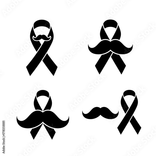 Vector art of collection of mustache and ribbon icons for movember awareness, a symbol of mens health and prostate cancer awareness