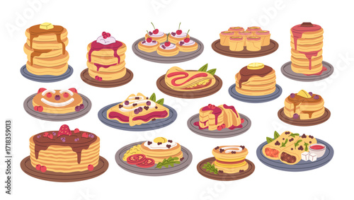 Pancakes aesthetic forms dish design collection served with butter, syrup, fruits and berries
