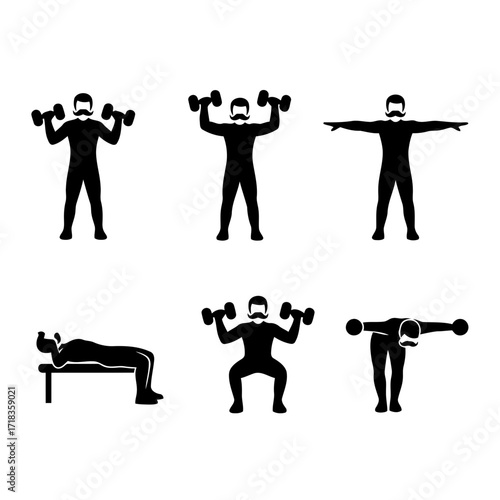 Vector art of man with mustache doing different exercises with dumbbells pictogram of a man doing weight training exercises