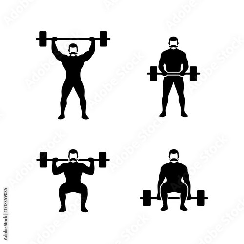Vector art of weightlifter doing different exercises man lifting barbell, overhead press, front squat, and bench press