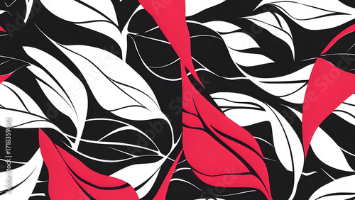 Red, white, and black leaves pattern. An abstract graphic design element for wallpaper, backgrounds, and social media templates.