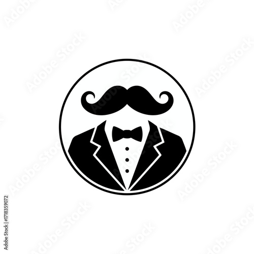Vector art of gentleman avatar featuring a mustache, bow tie, and suit, perfect for a sophisticated profile or brand identity