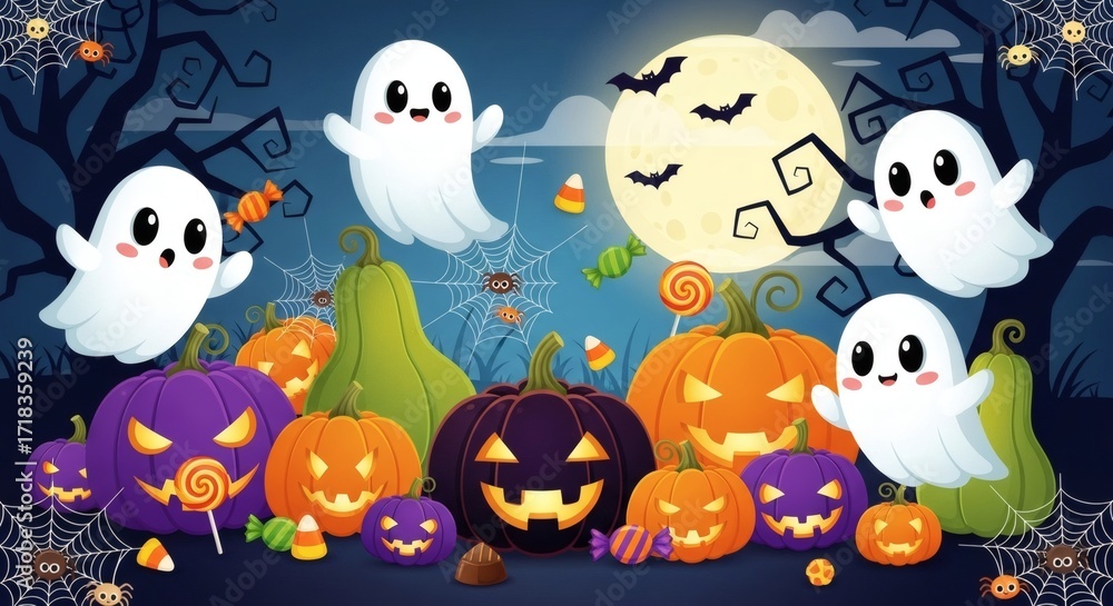 Naklejka premium Spooky Halloween vibes with cute ghosts, glowing pumpkins, and bats flying under a bright moon for festive holiday party invites and themed decorations