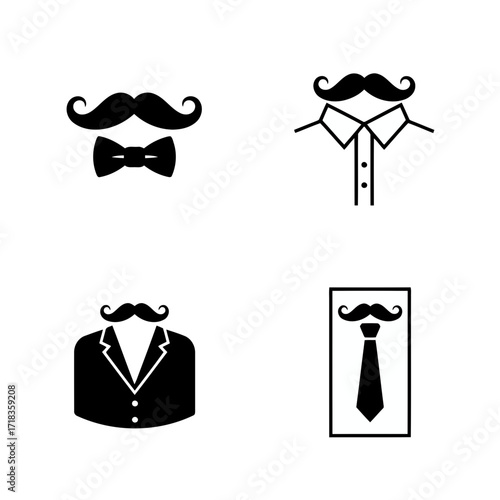 Vector art of collection of gentleman icons featuring mustaches, bow ties, shirts, and suits, perfect for a barbershop or mens store